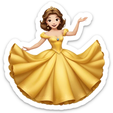 Cinematic Playful Belle Portrait Emoji, Spinning joyfully in her ball gown, arms outstretched, a radiant smile lighting up her face, exuding an enchanting blend of fun and elegance! sticker