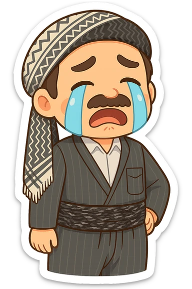 Cartoon Kurdish man sticker with the same clothes and scarf as the reference image (no changes to clothes and scarf), sad face with crying expression, colorful and cheerful style, no text, suitable for WhatsApp and Instagram, transparent background. sticker
