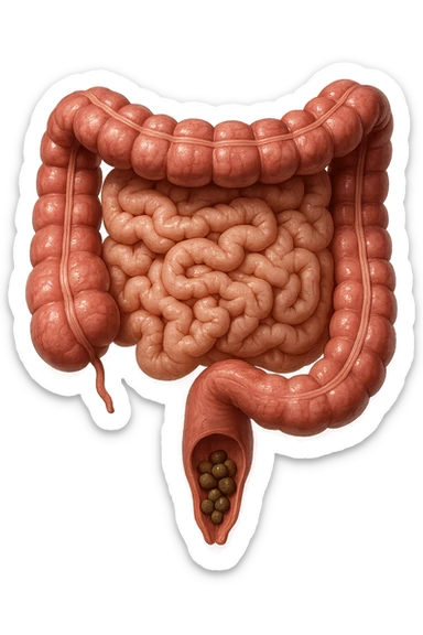 intestino umano anatomico, iperrealistico 4k, con feci a palline sticker