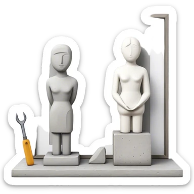 Plaster sculpture and concrete sculpture, small and large, standing side by side, simple and textured, sculpting tools nearby, minimalistic, on a white background, no extra details. sticker