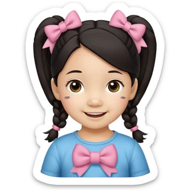 mixed toddler girl asian and american with bow pigtails, dark brown/black hair with big brown eyes emoji sticker