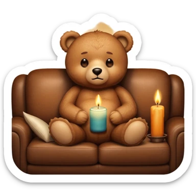 Cozy teddy bear watching tv on couch with candles on sticker