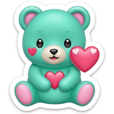 Oso gummy color verde agua  corazón rosa kawaii con cuerpo entero parado sticker
