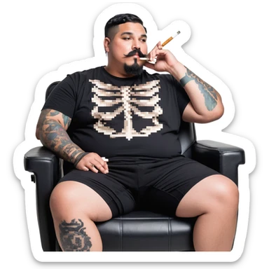 Large man reclining in chair, legs spread, smoking a cigarette, round face, very short black hair, beard and mustache, light skin, black t-shirt with light stripes at top riding up to show belly, black shorts, arms covered in black graphic tattoo patterns sticker