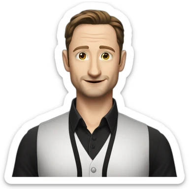 tim robinson dark slicked back hair white shirt, black vest sticker