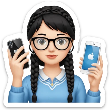 Black hair braided to one side, bangs, horn-rimmed glasses, and taking mirror selfies with iPhone white. Holding a phone to show the iPhone logo sticker