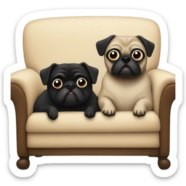 Two pugs , one beige , one black, all cozy lounging on the couch sticker