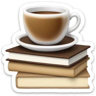 white cup of coffee on top of a small stack of brown and beige books sticker