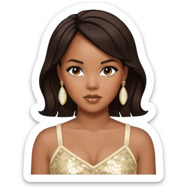 LeToya Luckett with long dark brown hair, ivory sequin crop top, ivory earring sticker