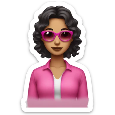 A Hispanic girl with long black wavy hair and dark brown eyes and wearing pink sunglesses sticker