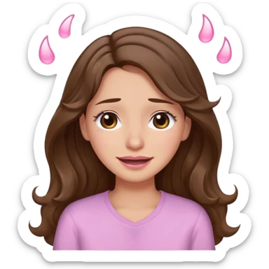 girl with wavy long brown hair, brown eyes, light to medium complexion, long lashes, light pink lipstick, wearing light pink shirt, smiling, crying big tears sticker