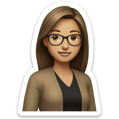 Girl with straight hair brown hair, smiling gold glasses with black blouse and light brown cardigan. sticker