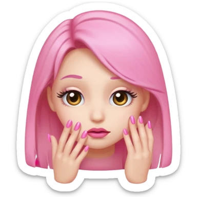 Shy emoji with long lashes, pouty lips, and pink nails on a black background, cute aesthetic sticker