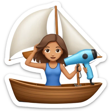 Girl using hair dryer to dry sail of boat sticker