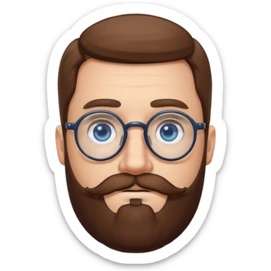 White man with blue eyes, long brown hair, large round glasses, mustache and beard sticker