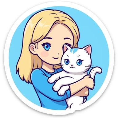 Blonde girl with white cat with blue eyes  sticker