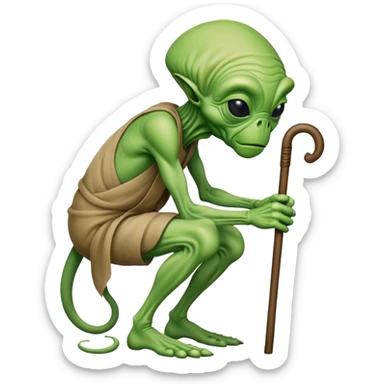 Green Alien looks like an old man hunched over using a cane sticker