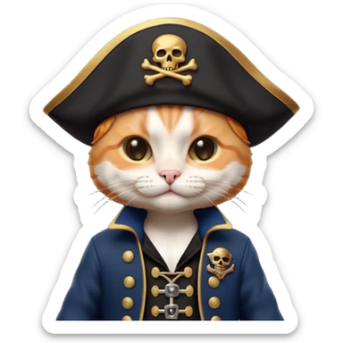Premium 3D emoji icon of a cute ginger cat pirate, wearing a **deep navy blue** velvet pirate hat with a silver skull icon, and a black and gold captain's jacket. Glossy finish, claymorphism style, soft studio lighting, isolated on white background, 8k resolution, stylized professional look --v 6.0 sticker