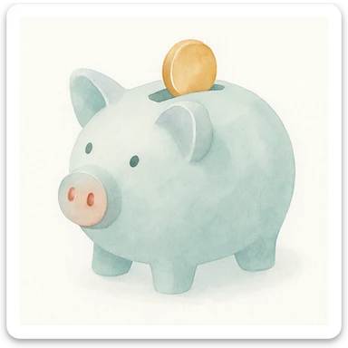 watercolor art style piggy bank with a coin sticker