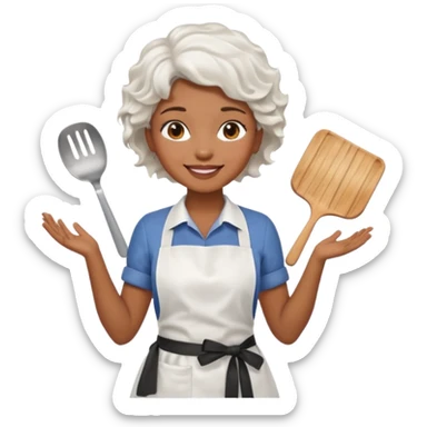 woman, brown skin, white short wavy hair, with apron sticker