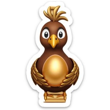 A 3D cartoon Sankofa bird with its head gracefully turned backward holding a golden egg in its beak, symbolizing learning from the past, single bird in frame, gold and brown tones, clean black background, Memoji-style rendering sticker