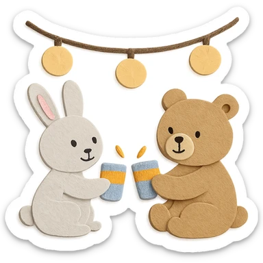 bunny and bear clinking juice cups under string lights, paper craft style, textured paper look sticker