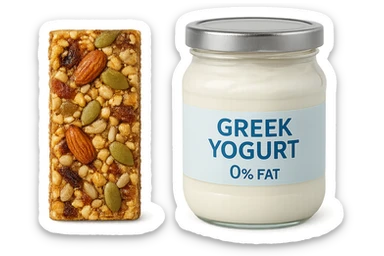 BARRETTA ENERGETICA E BARATTOLO DI YOGURT GRECO CON  LA SCRITTA "0% grassi" SULL'ETICHETTA  , ISOLATA SU SFONDO BIANCO sticker