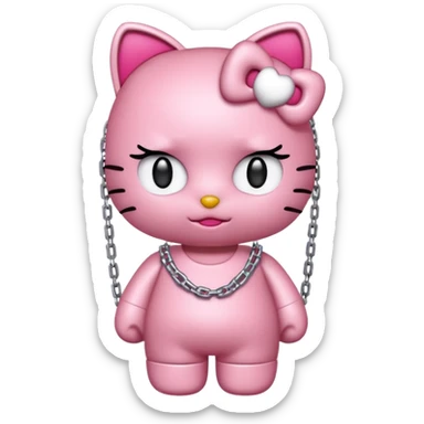 Hello Kitty with blockchain elements, chains and digital tokens, cute emoji style sticker