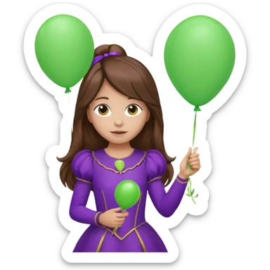girl with long brown hair and purple costumes, holding green balloon sticker