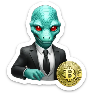 Aquamarine reptilian in classic black suite with red laser eyes on the middle of platinum coin sticker