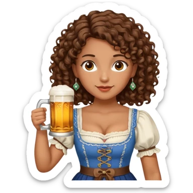 A woman with brown, shoulder-length curly hair and brown eyes she is wearing a dirndl and holding a beer stein sticker