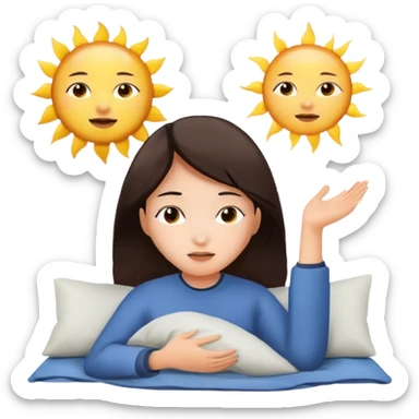 brunette Asian girl waking up in the morning with sun sticker