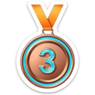 medal number 3, minimalistic bronze transparent glass 3d neon glowing sticker