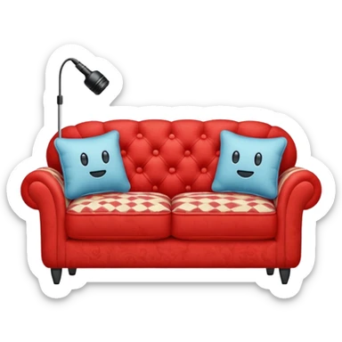 Red sofa with mic stand placed between two pilliwsy sticker