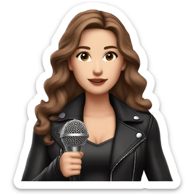 Pretty White Woman, Long Brown Wavy Hair, Brown Eyes, with black eyeshadow Wearing A Pink Dress and a Black Leather Jacket, holding a microphone  sticker