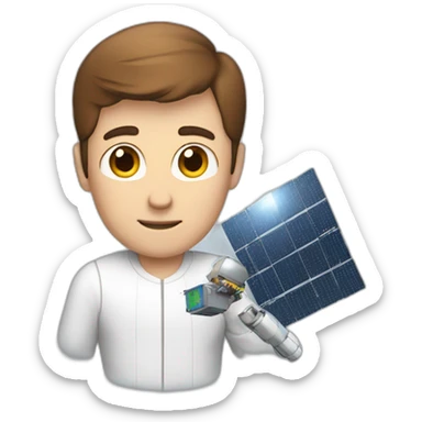Tall white man with brown hair fixing a small satellite sticker