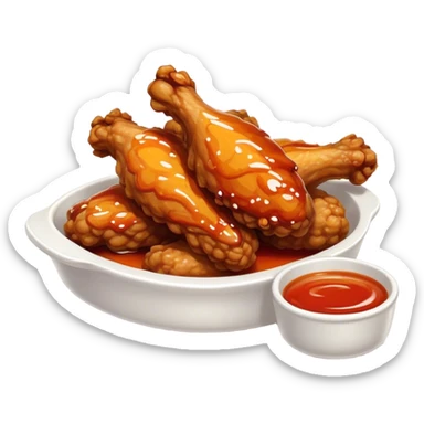 Cinematic crispy chicken wings, golden-brown and glazed with spicy sauce, crunchy coating, juicy inside, piled high with dipping sauce on the side, ultra-realistic and mouthwatering, inviting and bold. sticker