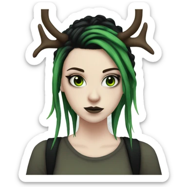 Emo girl, pale skin, green eyes, black dread-locks, eyeliner, deer antlers  sticker
