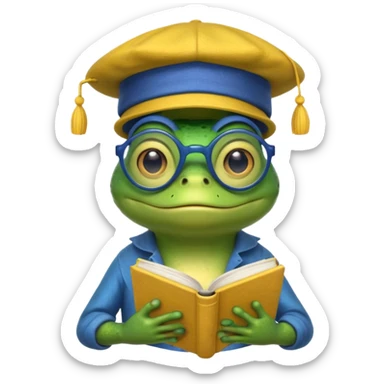 frog wearing yellow hat with glasses and blue book sticker