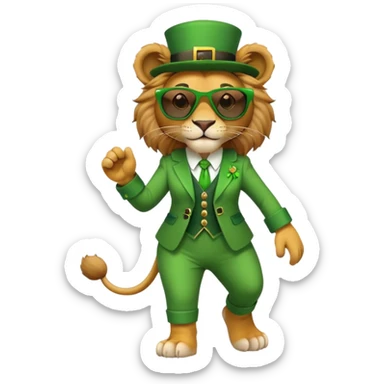 friendly anthropomorphised female lion dressed for St. Patrick's Day in green outfit with festive accessories, dark sunglasses, walking upright with confident stride sticker