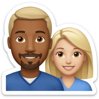 black man with goatee and white woman with blonde shoulder-length hair and brown eyes close together smiling sticker