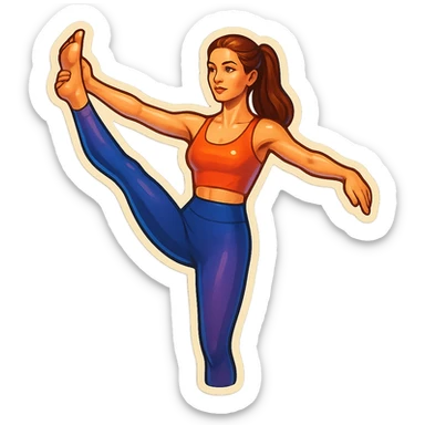 beautiful woman in a top and leggings performing one-legged balance pose (Utthita Hasta Padangusthasana), retro stickers style, detailed appearance, detailed facial features, shadows and highlights, clean contours, soft lighting, transparent background sticker