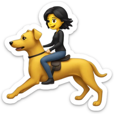White woman with a black hair ridding a yellow dog sticker