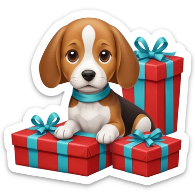 beagle sat amongst the xmas presents sticker