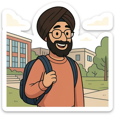 university sikh boy cartoon style with backpack glasses modern campus background smiling sticker