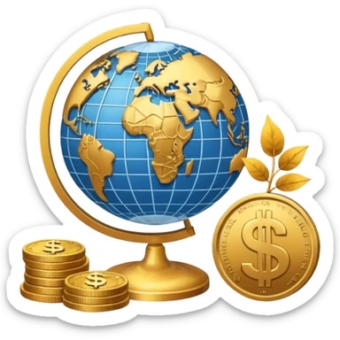 An icon featuring  a dollar sign, and a chart with upward trends, symbolizing economics. The design includes coins, bills, and a globe, representing global trade and financial systems. Transparent background highlights the study of markets, supply, and demand. sticker