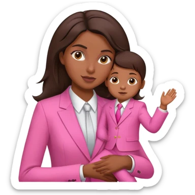 Brune girl pink suit with child sticker