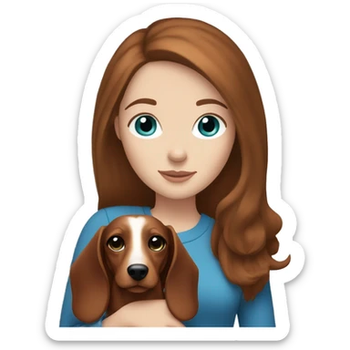 White girl with straight brown hair and blue eyes holding a red dachshund  sticker