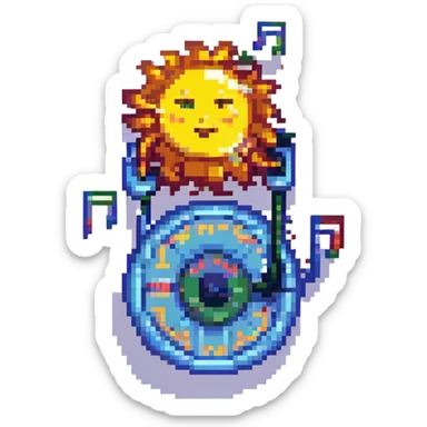 Add floating musical notes around the sun DJ in pixel art style with no background. sticker