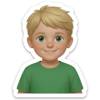 3 year old blonde boy with green-blueish eyes happy getting dressed with a green t-shirt sticker